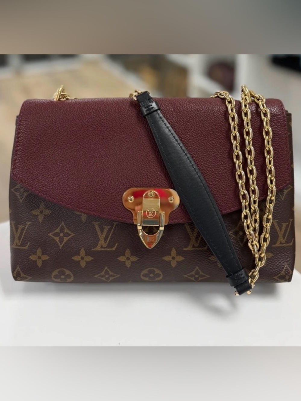 Louis Vuitton St Placide Burgundy Leather & Monogram Chain Shoulder Bag